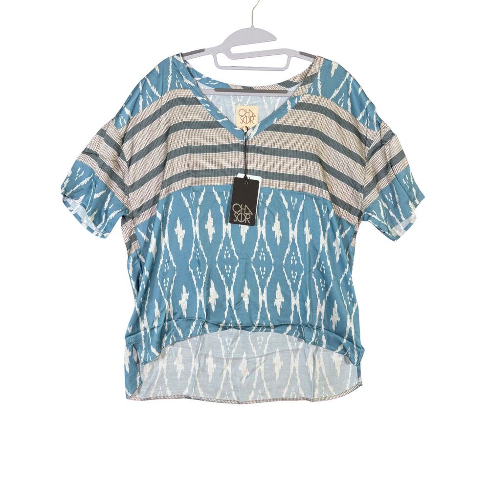 NWT Chaser Blue Ikat Print V-Neck Tunic Womens M